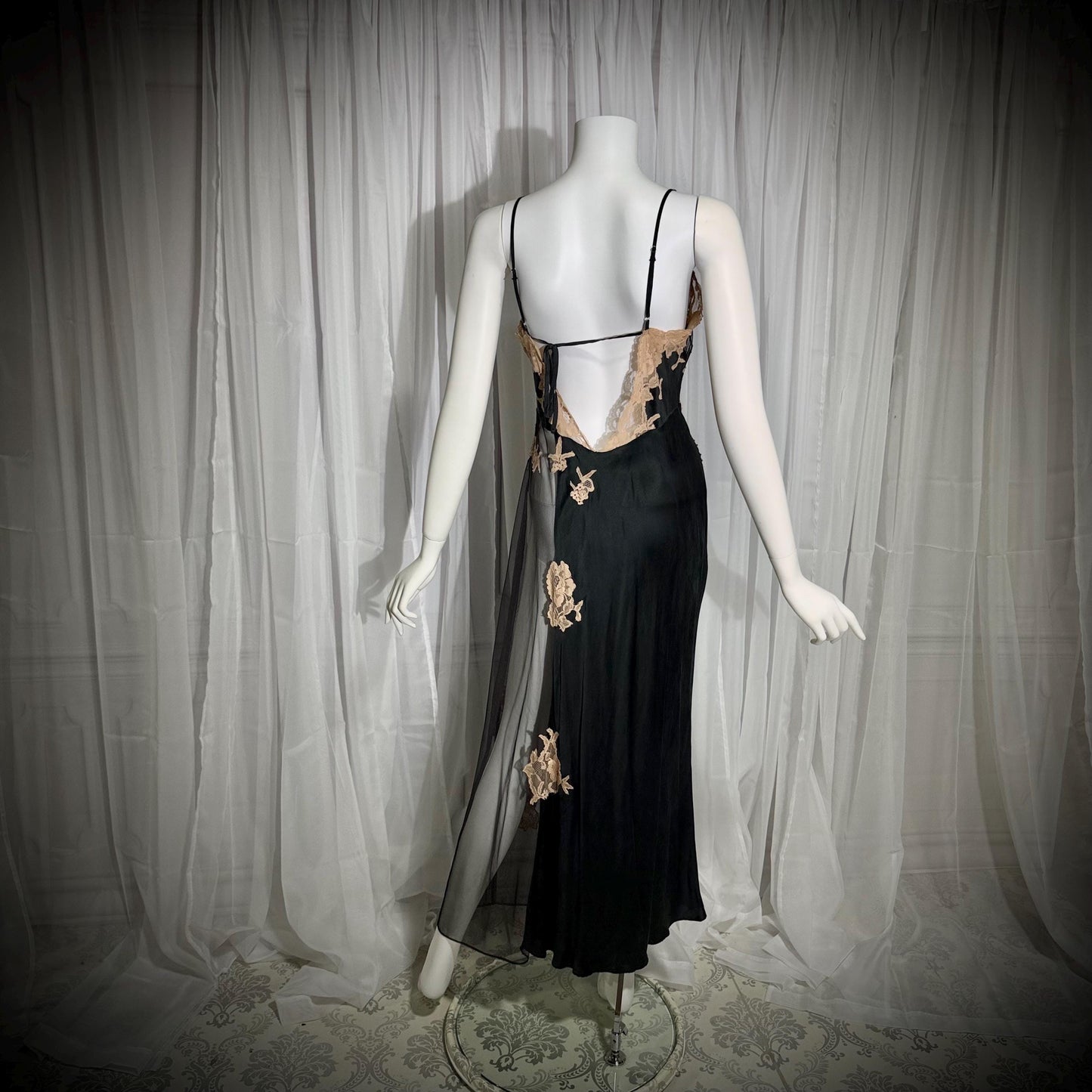 JACALYN BENNETT vintage silk nightgown slip dress, FREDERICKS 1990s black silk and sheer mesh lingerie dress