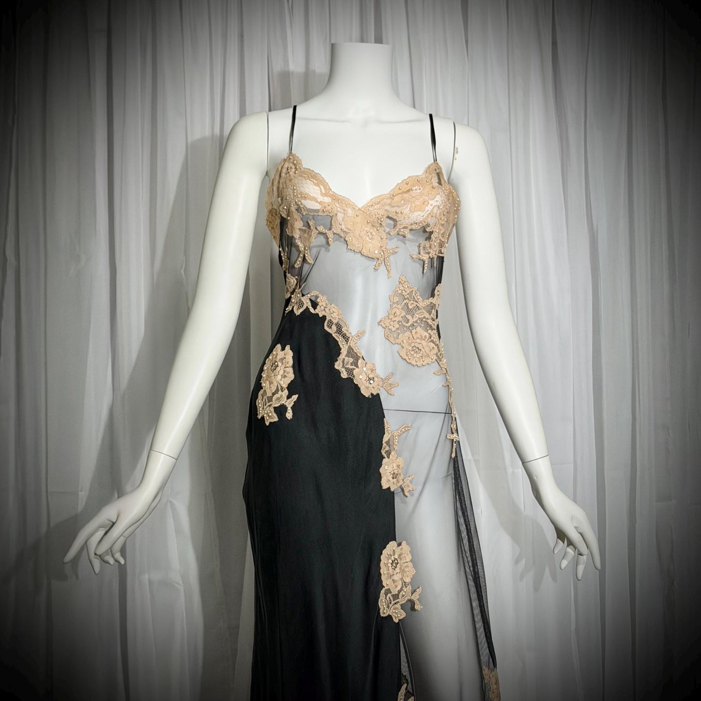 JACALYN BENNETT vintage silk nightgown slip dress, FREDERICKS 1990s black silk and sheer mesh lingerie dress
