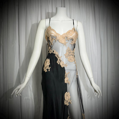 JACALYN BENNETT vintage silk nightgown slip dress, FREDERICKS 1990s black silk and sheer mesh lingerie dress