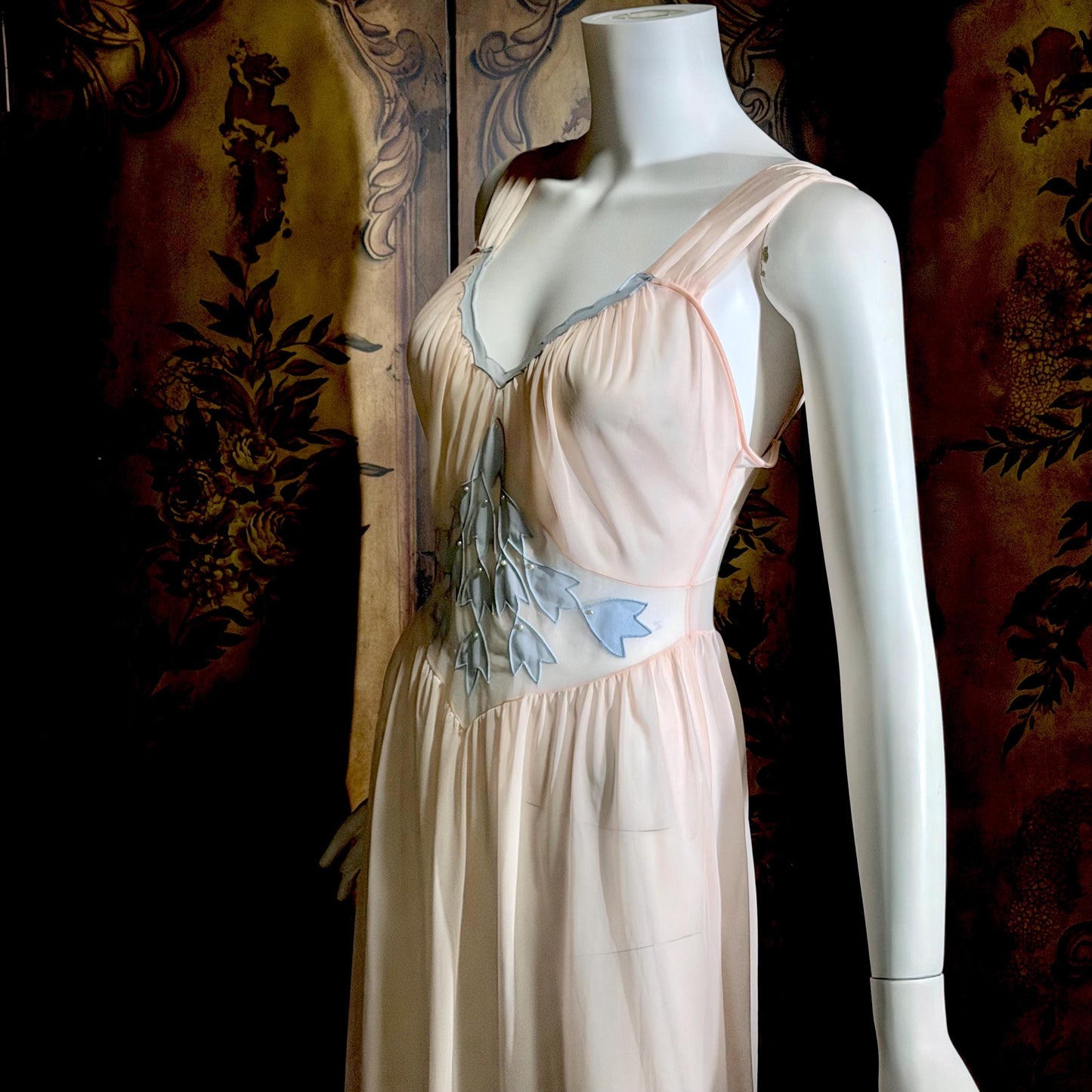 GOTHAM Vintage 1950s nightgown slip dress, GOLD STRIPE ethereal ballerina pink nylon lingerie dress