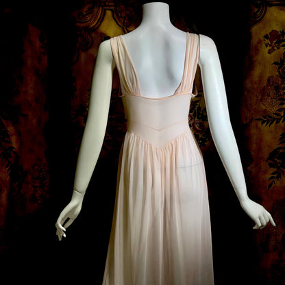 GOTHAM Vintage 1950s nightgown slip dress, GOLD STRIPE ethereal ballerina pink nylon lingerie dress