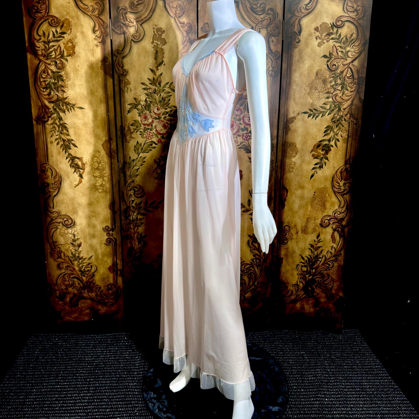 GOTHAM Vintage 1950s nightgown slip dress, GOLD STRIPE ethereal ballerina pink nylon lingerie dress