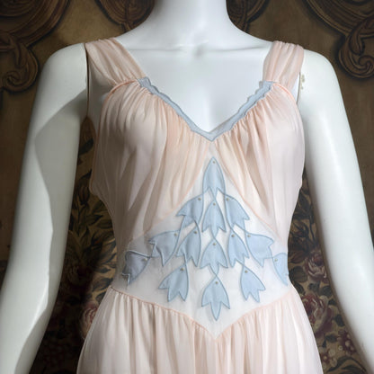 GOTHAM Vintage 1950s nightgown slip dress, GOLD STRIPE ethereal ballerina pink nylon lingerie dress