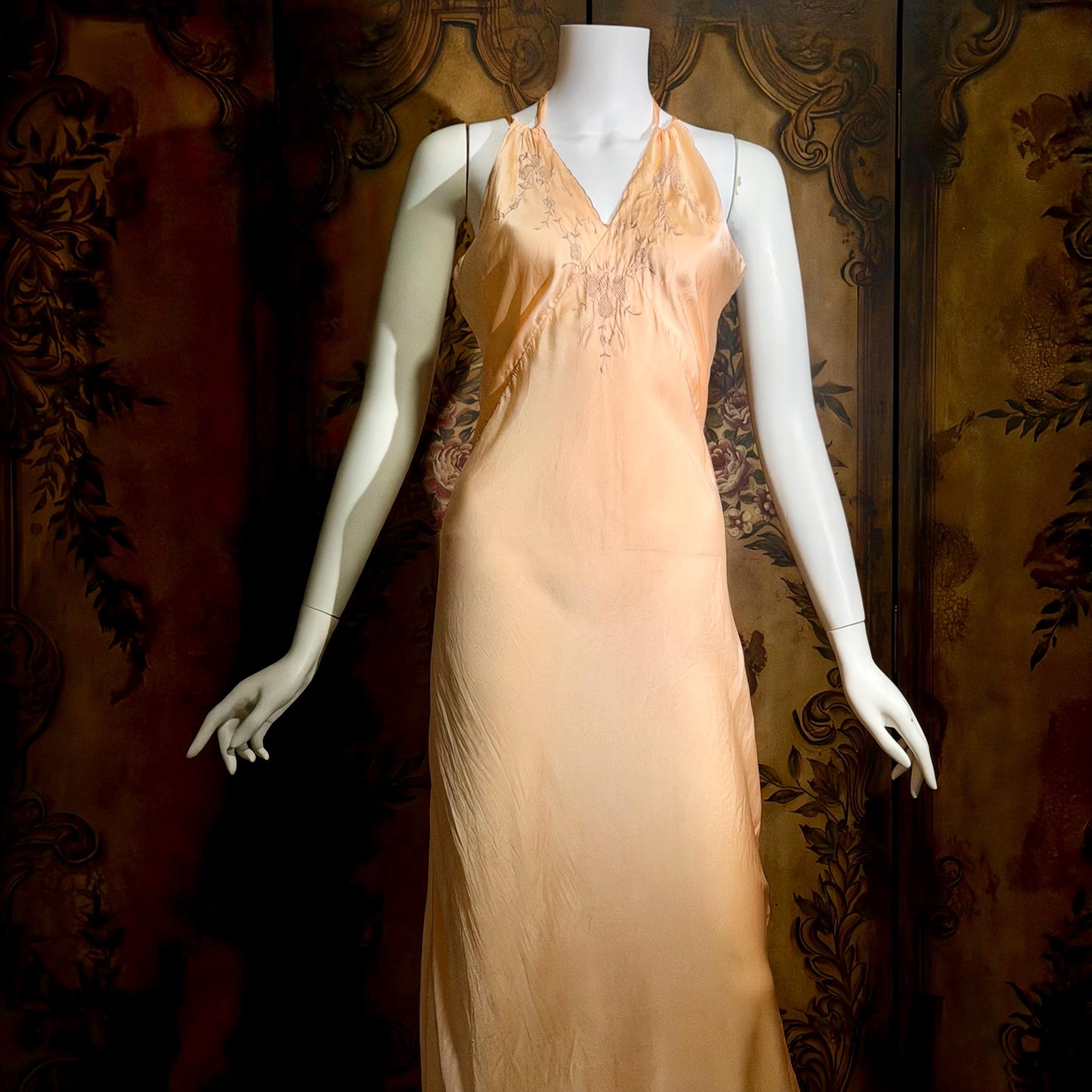 1930s vintage Nightgown slip dress, HAND MADE peach silk bias cut lingerie dress