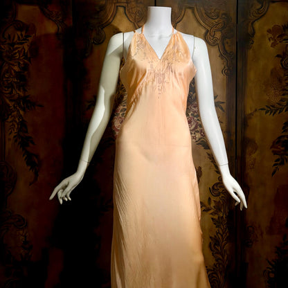 1930s vintage Nightgown slip dress, HAND MADE peach silk bias cut lingerie dress