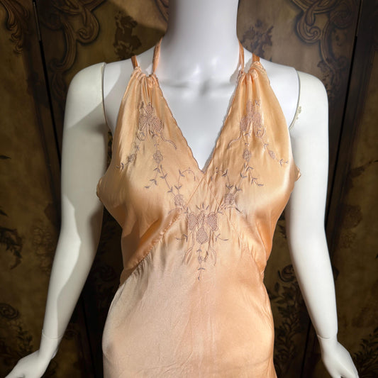 1930s vintage Nightgown slip dress, HAND MADE peach silk bias cut lingerie dress