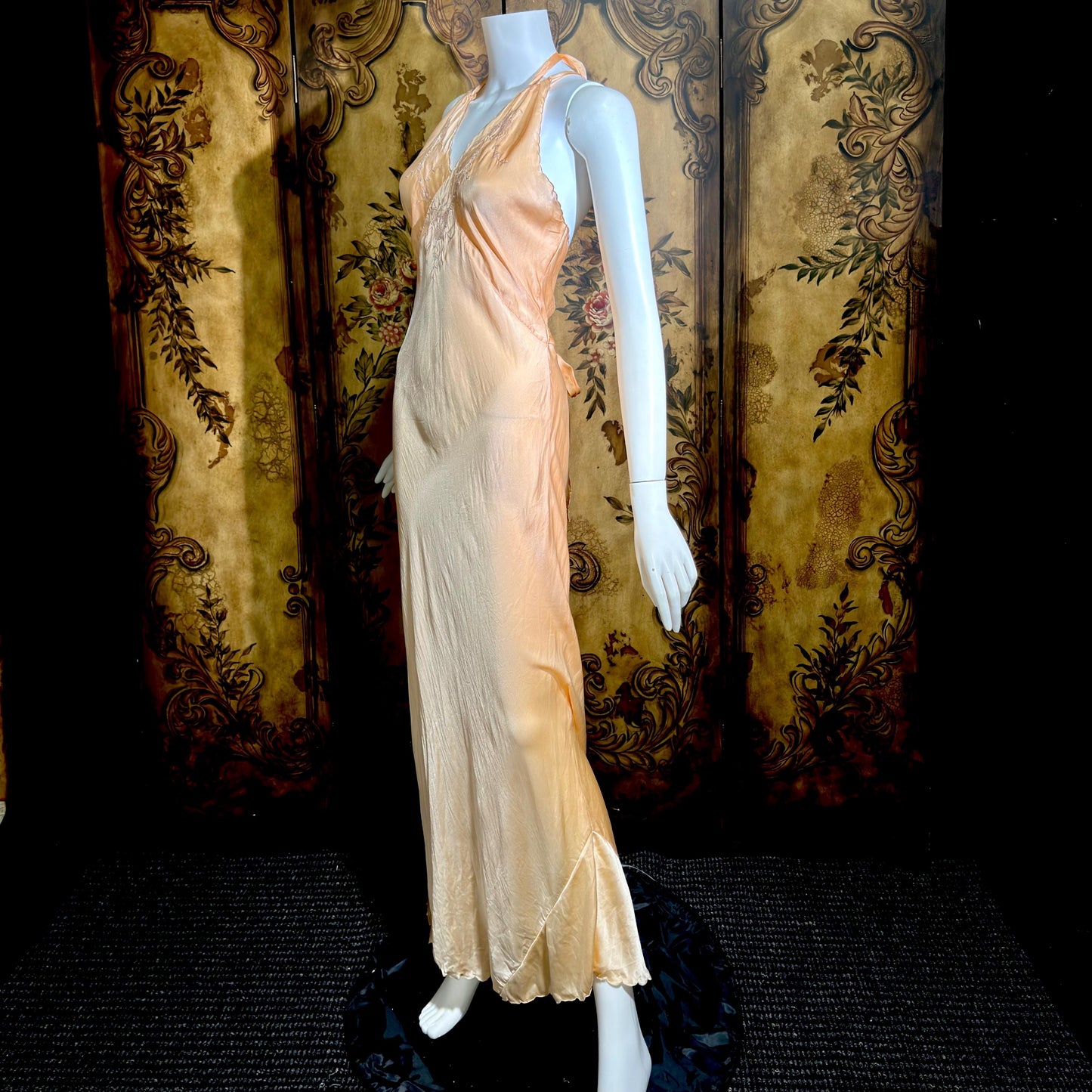 1930s vintage Nightgown slip dress, HAND MADE peach silk bias cut lingerie dress