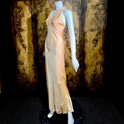 1930s vintage Nightgown slip dress, HAND MADE peach silk bias cut lingerie dress