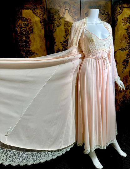 LUCIE ANN Vintage nightgown robe set, Claire Sandra peignoir set, 1960s pink long lingerie set