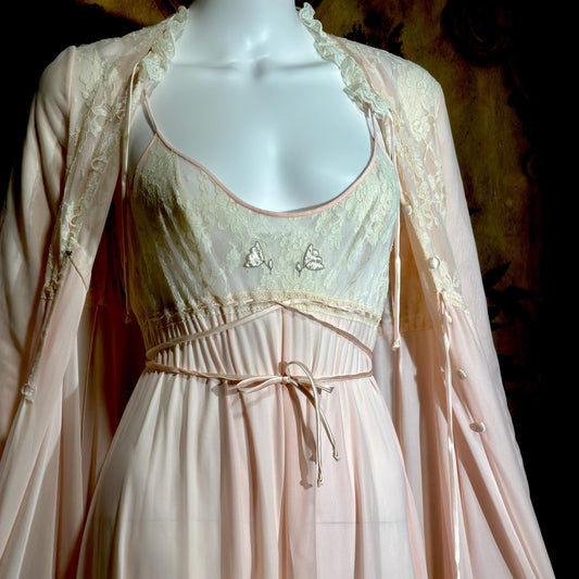LUCIE ANN Vintage nightgown robe set, Claire Sandra peignoir set, 1960s pink long lingerie set