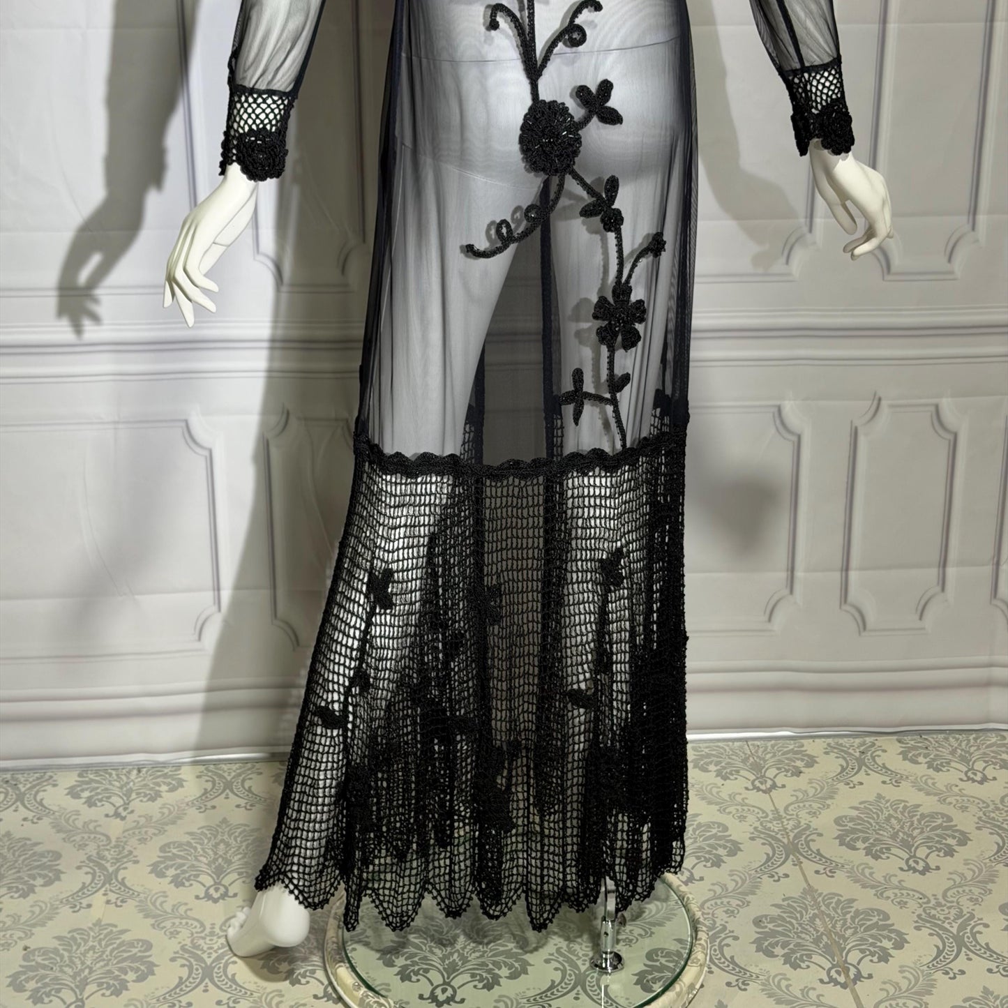 SUE WONG vintage Y2K evening coat duster, NOCTURNE Sheer Black Beaded Mesh & crochet maxi coat