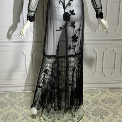 SUE WONG vintage Y2K evening coat duster, NOCTURNE Sheer Black Beaded Mesh & crochet maxi coat