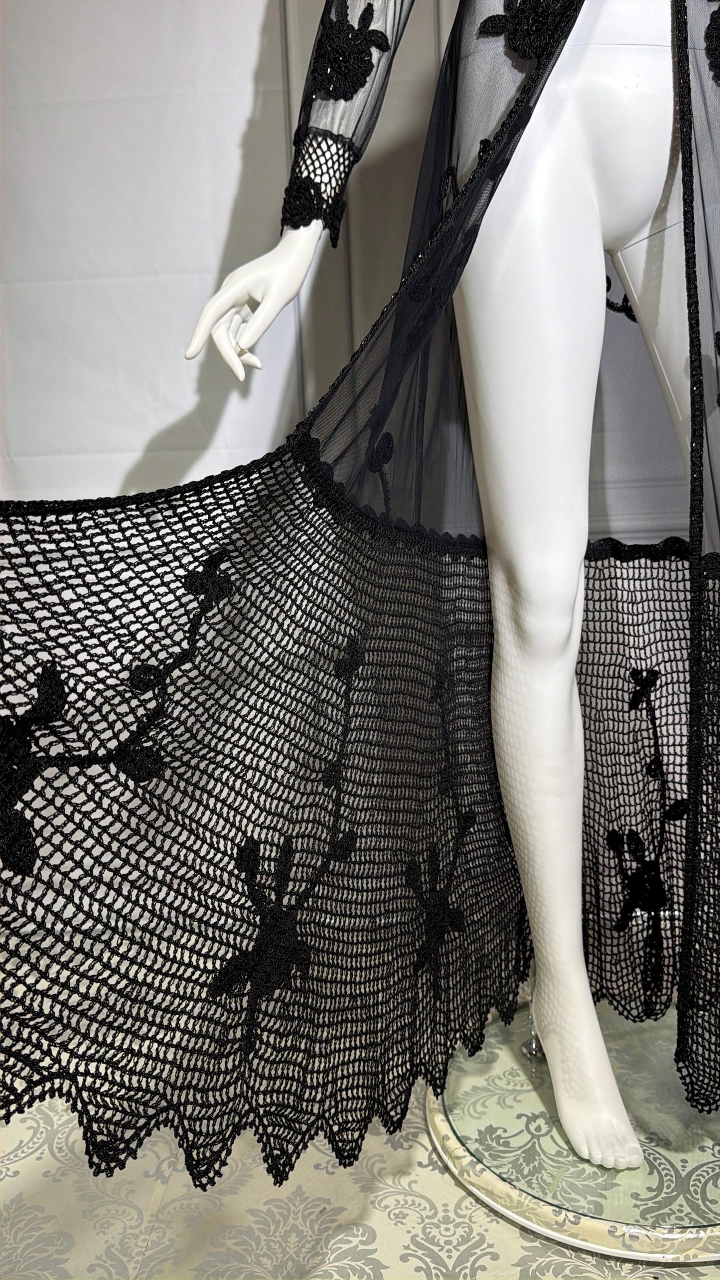 SUE WONG vintage Y2K evening coat duster, NOCTURNE Sheer Black Beaded Mesh & crochet maxi coat