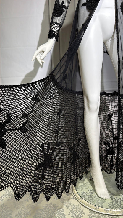 SUE WONG vintage Y2K evening coat duster, NOCTURNE Sheer Black Beaded Mesh & crochet maxi coat