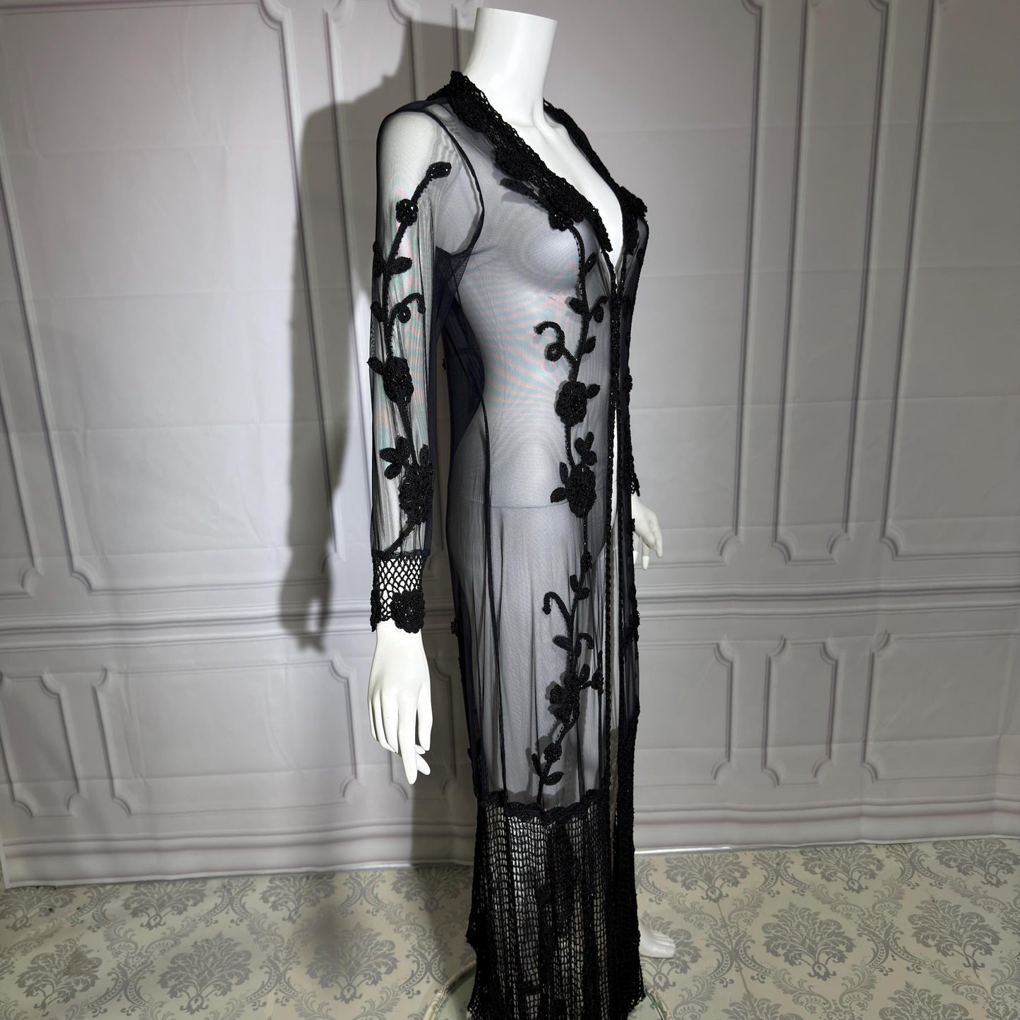 SUE WONG vintage Y2K evening coat duster, NOCTURNE Sheer Black Beaded Mesh & crochet maxi coat