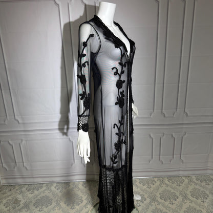 SUE WONG vintage Y2K evening coat duster, NOCTURNE Sheer Black Beaded Mesh & crochet maxi coat