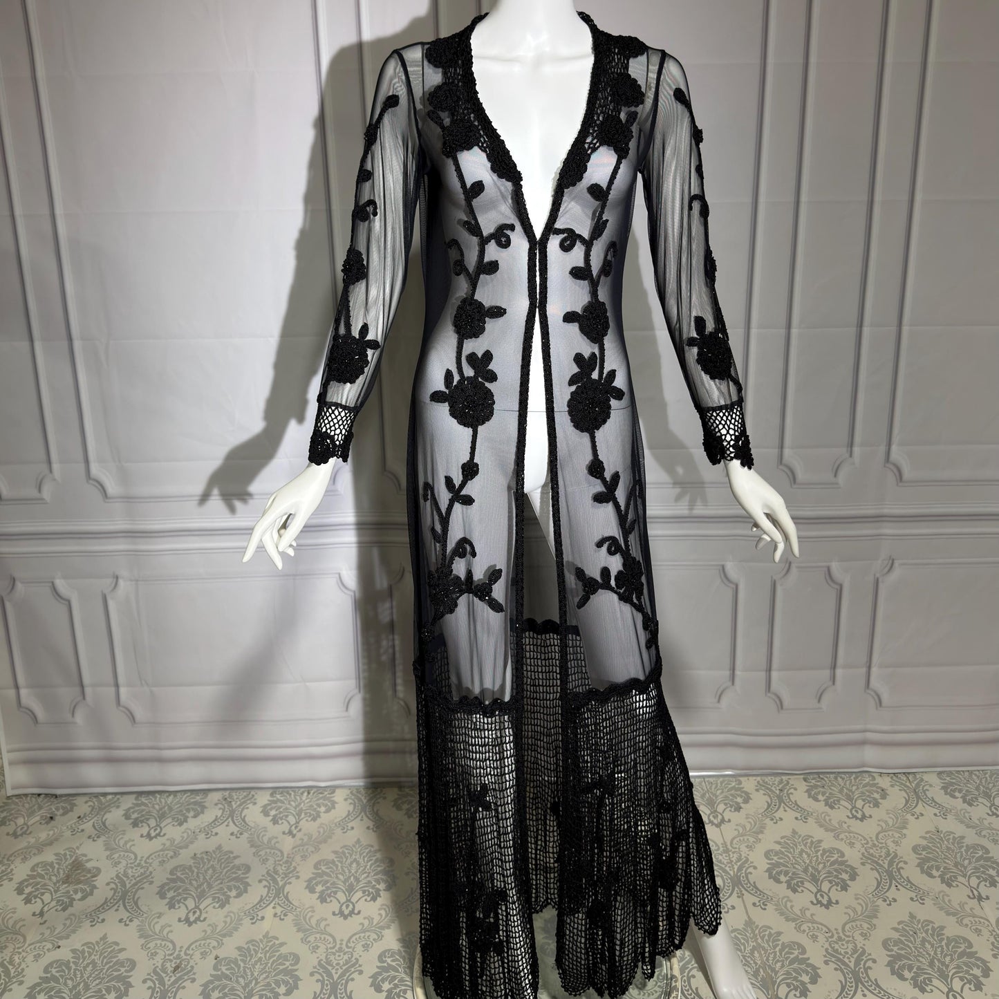 SUE WONG vintage Y2K evening coat duster, NOCTURNE Sheer Black Beaded Mesh & crochet maxi coat