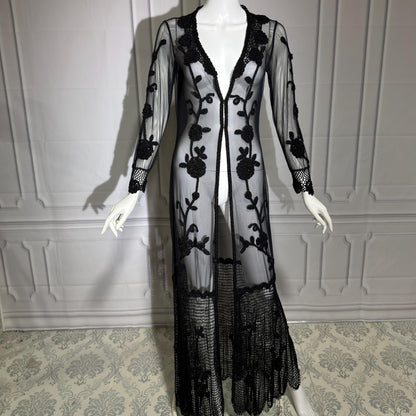 SUE WONG vintage Y2K evening coat duster, NOCTURNE Sheer Black Beaded Mesh & crochet maxi coat