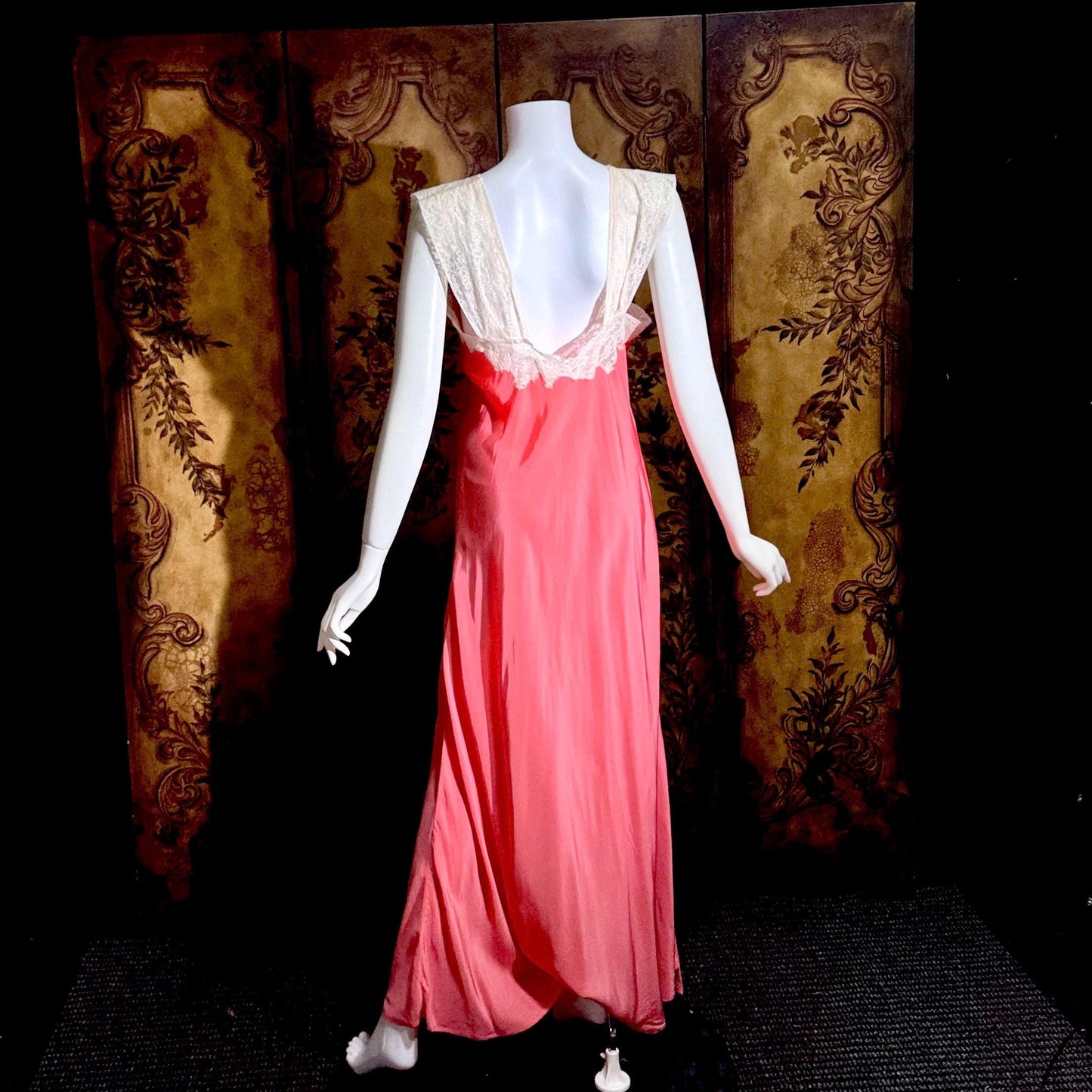 MISS SWANK Vintage 1940s Nightgown Slip Dress, Salmon Pink Bias Cut Lingerie Dress