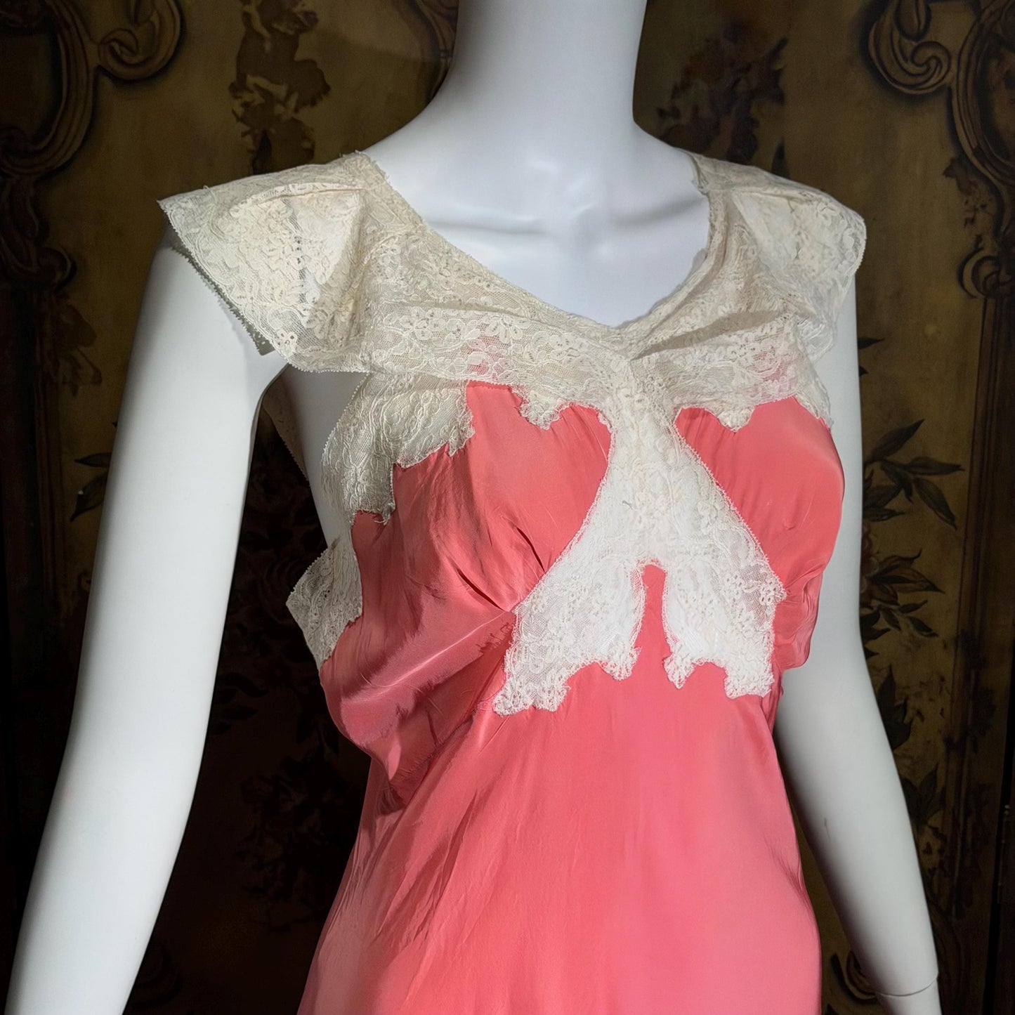 MISS SWANK Vintage 1940s Nightgown Slip Dress, Salmon Pink Bias Cut Lingerie Dress