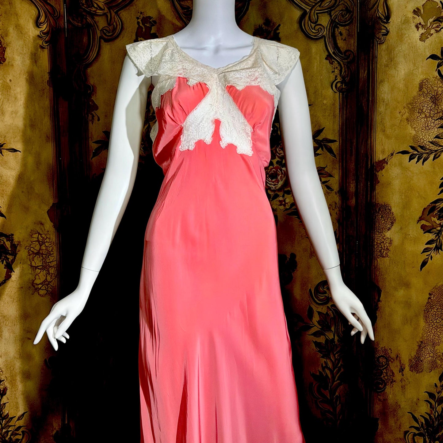 MISS SWANK Vintage 1940s Nightgown Slip Dress, Salmon Pink Bias Cut Lingerie Dress