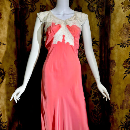 MISS SWANK Vintage 1940s Nightgown Slip Dress, Salmon Pink Bias Cut Lingerie Dress