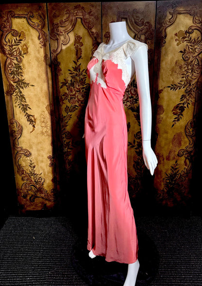 MISS SWANK Vintage 1940s Nightgown Slip Dress, Salmon Pink Bias Cut Lingerie Dress