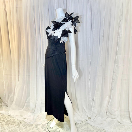 ROSE TAFT vintage 1980s evening dress gown, Black ruched one shoulder 3D corsage dress