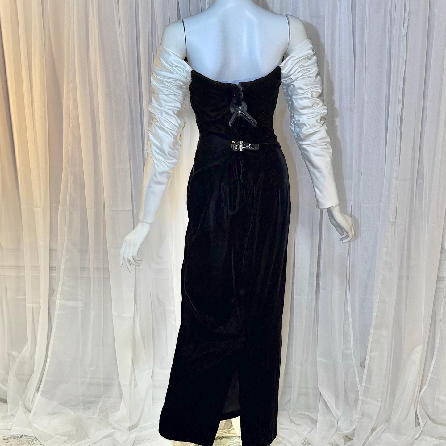 EUGENE ALEXANDER Vintage 1980s evening dress gown, Black Velvet White Satin gown