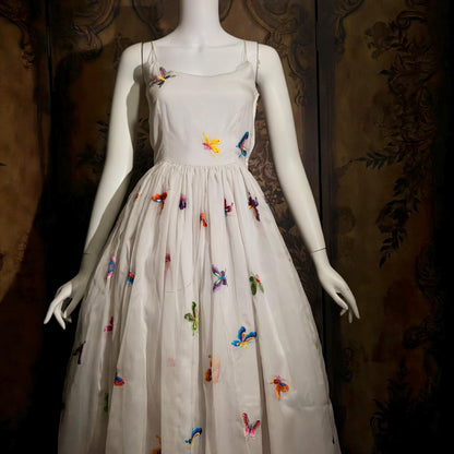 LILLIE RUBIN vintage evening dress gown, 1970s White Silk Embroidered Butterflies gown
