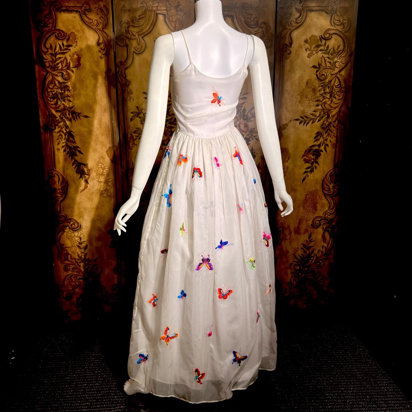 LILLIE RUBIN vintage evening dress gown, 1970s White Silk Embroidered Butterflies gown