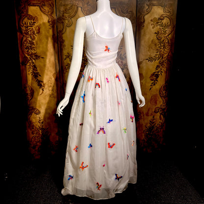 LILLIE RUBIN vintage evening dress gown, 1970s White Silk Embroidered Butterflies gown