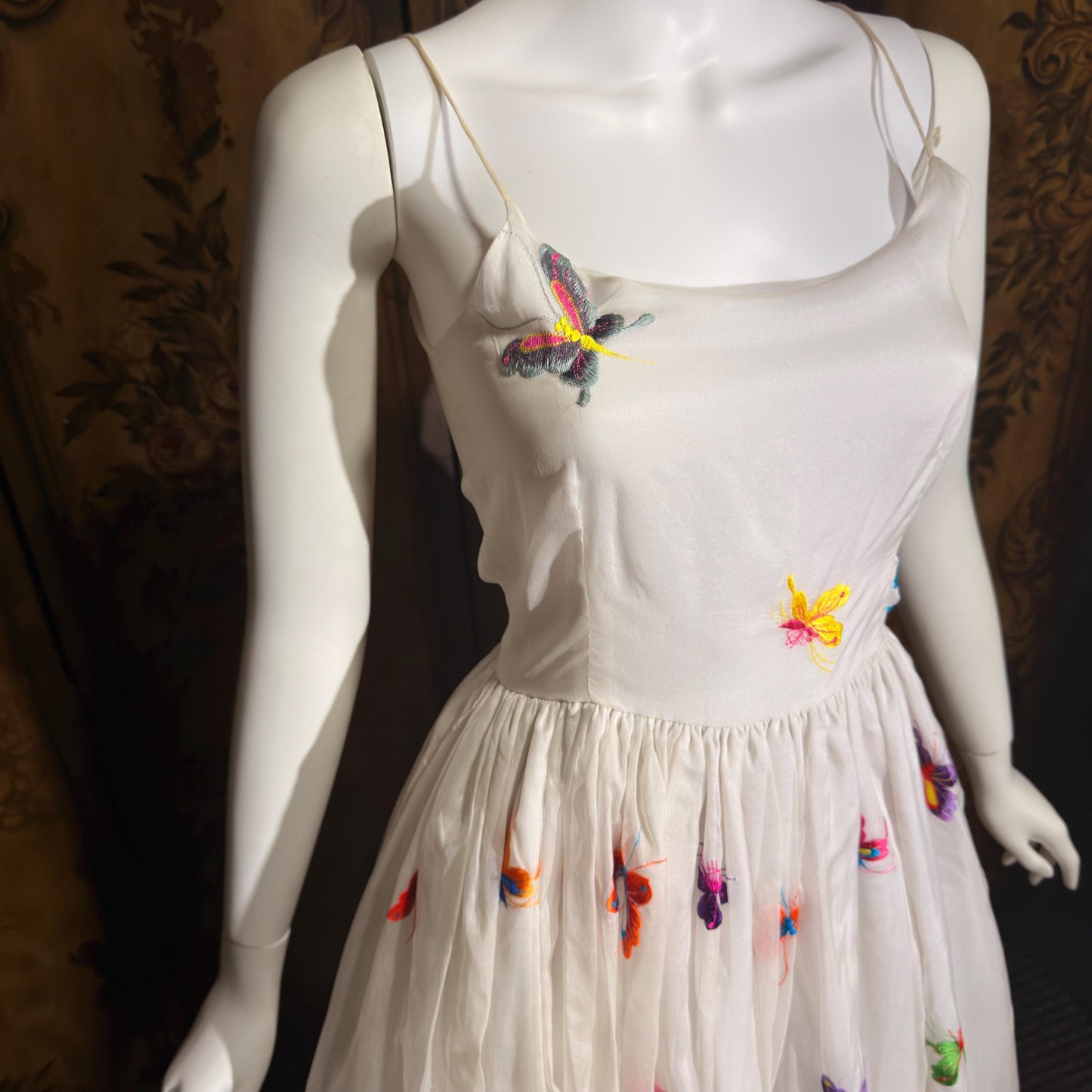 LILLIE RUBIN vintage evening dress gown, 1970s White Silk Embroidered Butterflies gown