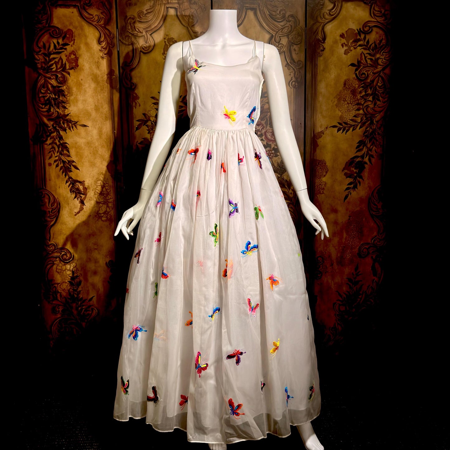 LILLIE RUBIN vintage evening dress gown, 1970s White Silk Embroidered Butterflies gown