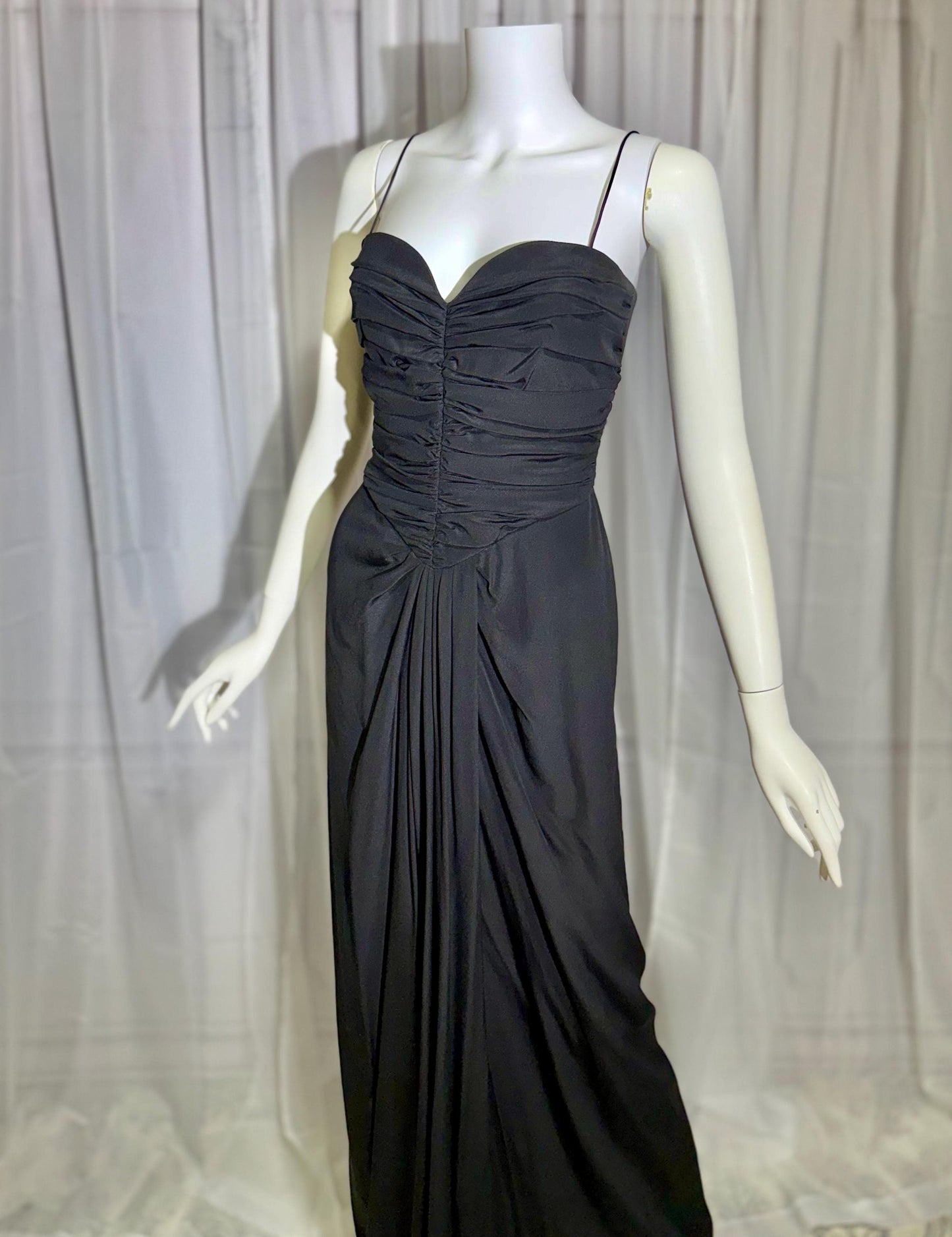 ALBERT CAPRARO vintage 1970s evening dress gown, Black Silk Ruched Gown