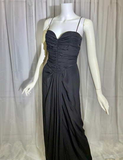 ALBERT CAPRARO vintage 1970s evening dress gown, Black Silk Ruched Gown