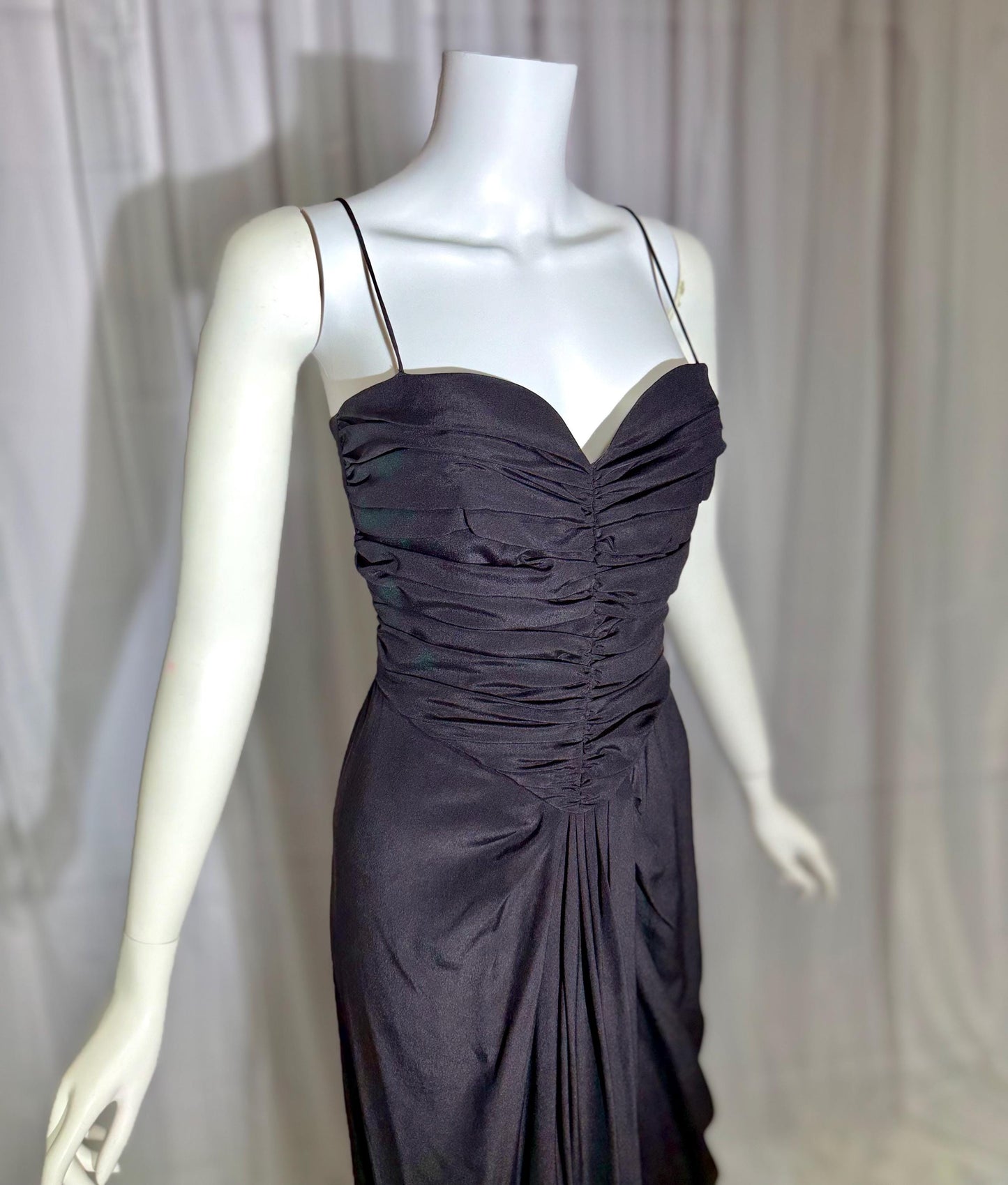 ALBERT CAPRARO vintage 1970s evening dress gown, Black Silk Ruched Gown