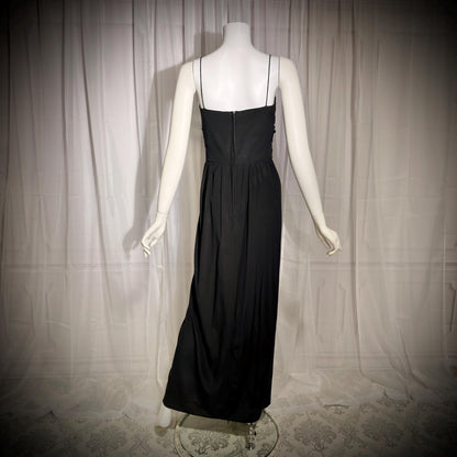 ALBERT CAPRARO vintage 1970s evening dress gown, Black Silk Ruched Gown