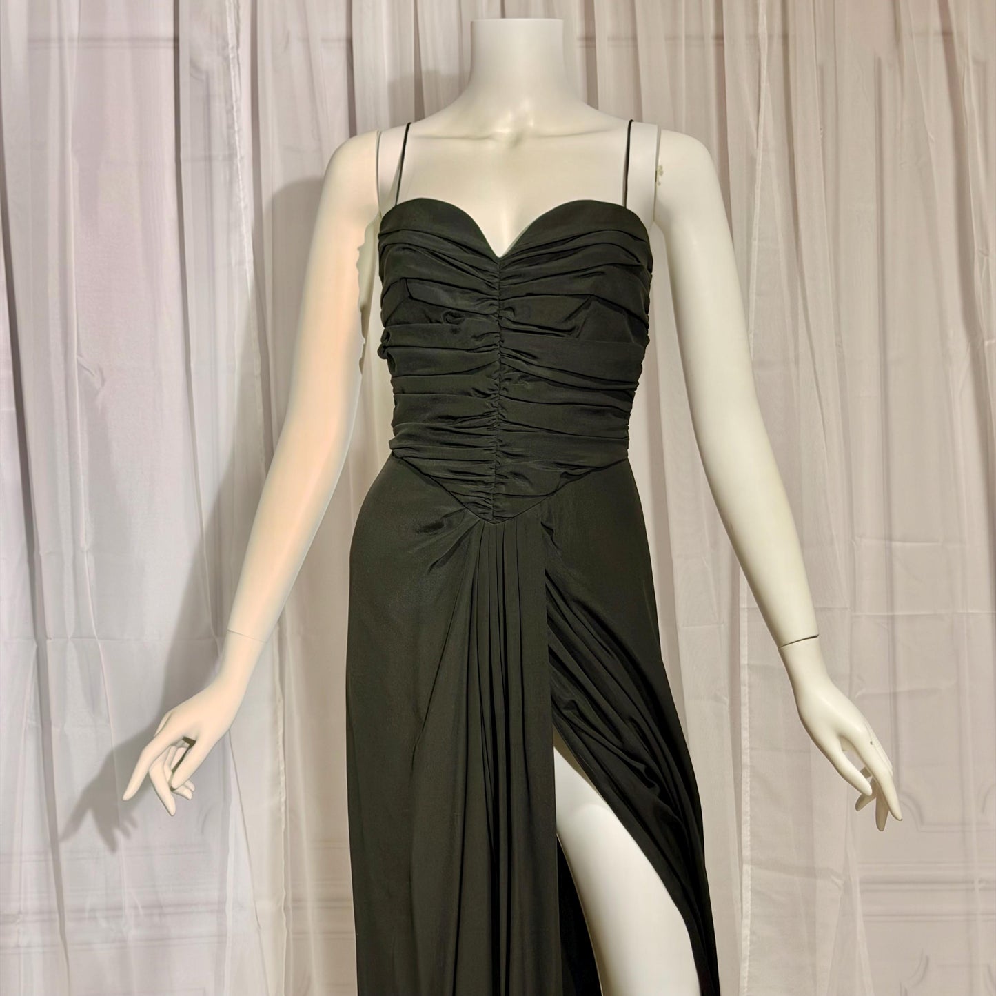 ALBERT CAPRARO vintage 1970s evening dress gown, Black Silk Ruched Gown