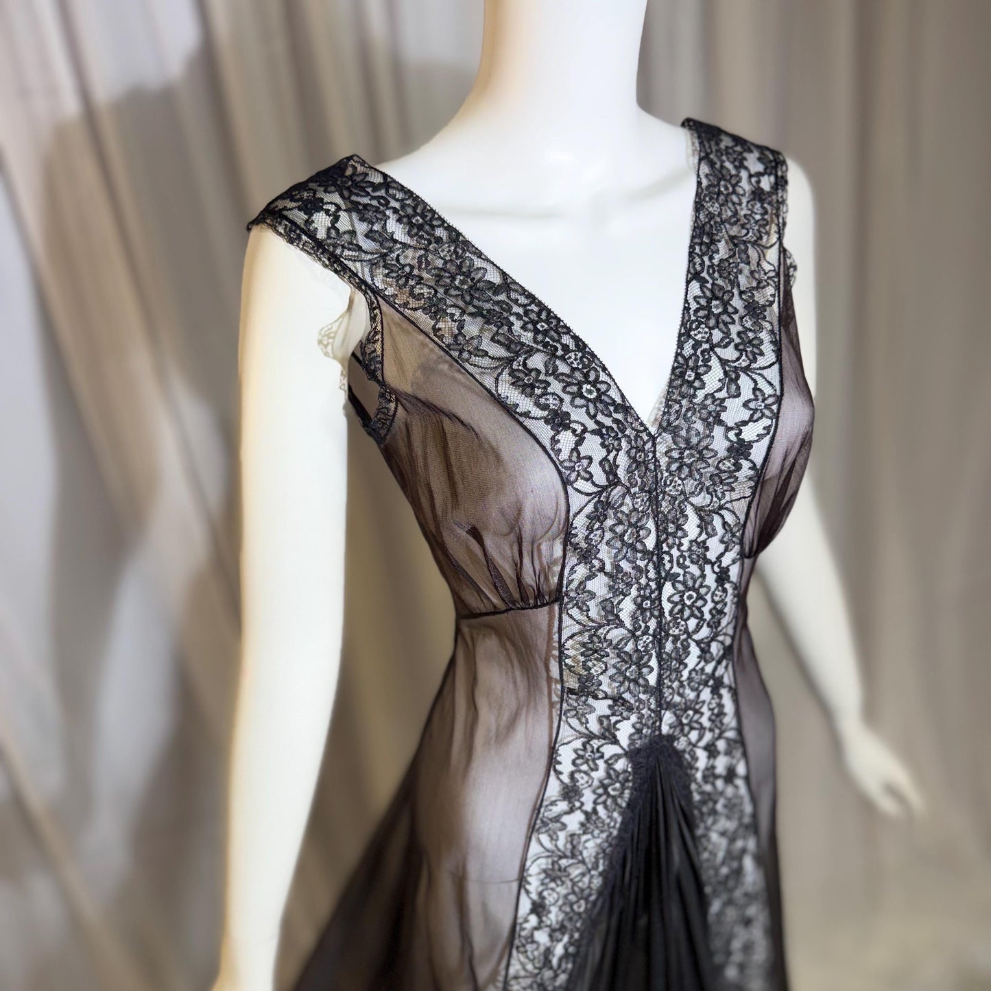 BLANCHE vintage nightgown slip dress, 1950s Black Sheer Nylon lingerie dress