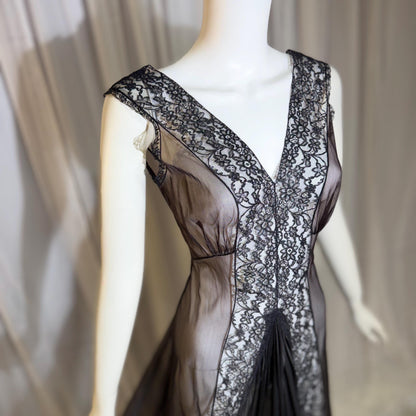 BLANCHE vintage nightgown slip dress, 1950s Black Sheer Nylon lingerie dress