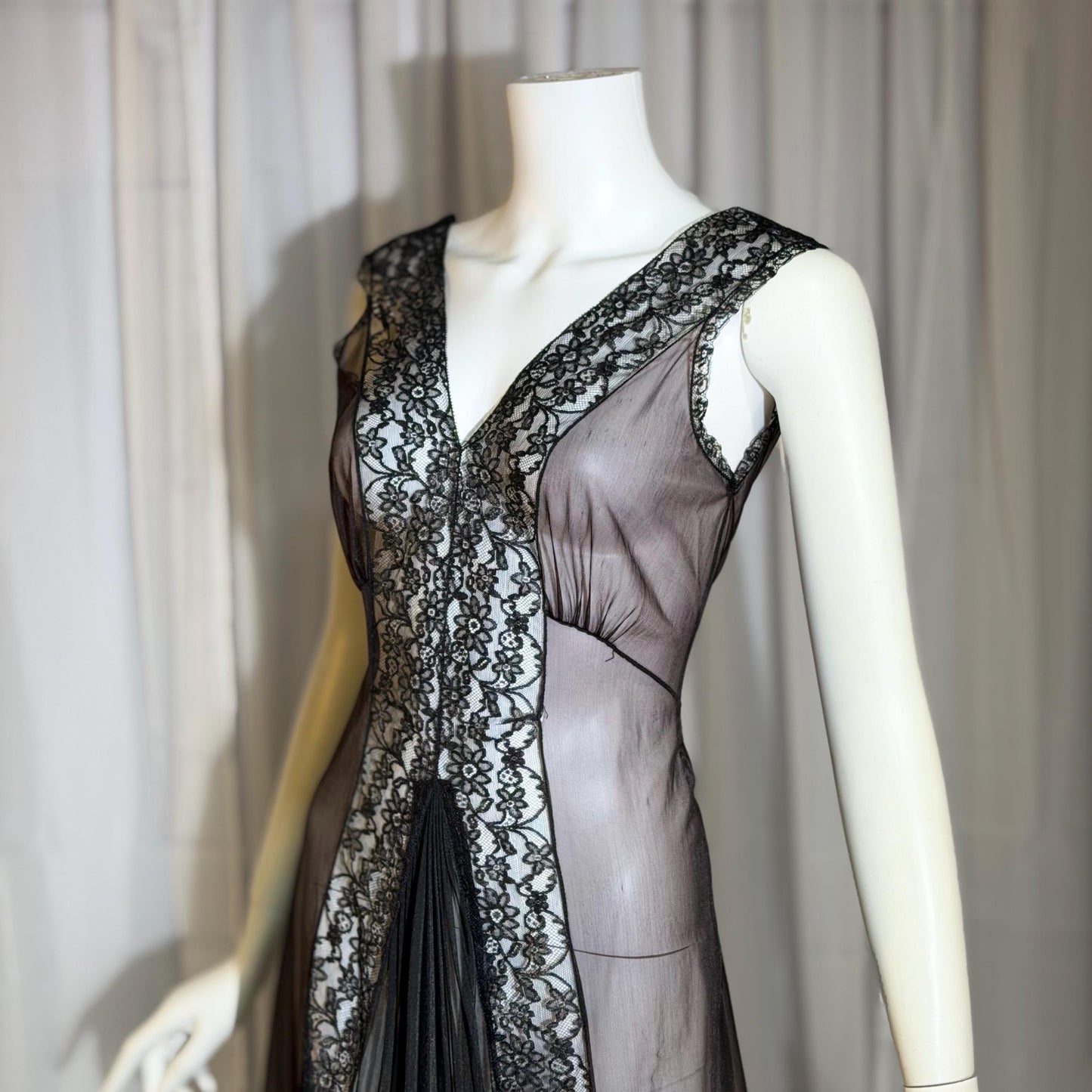 BLANCHE vintage nightgown slip dress, 1950s Black Sheer Nylon lingerie dress