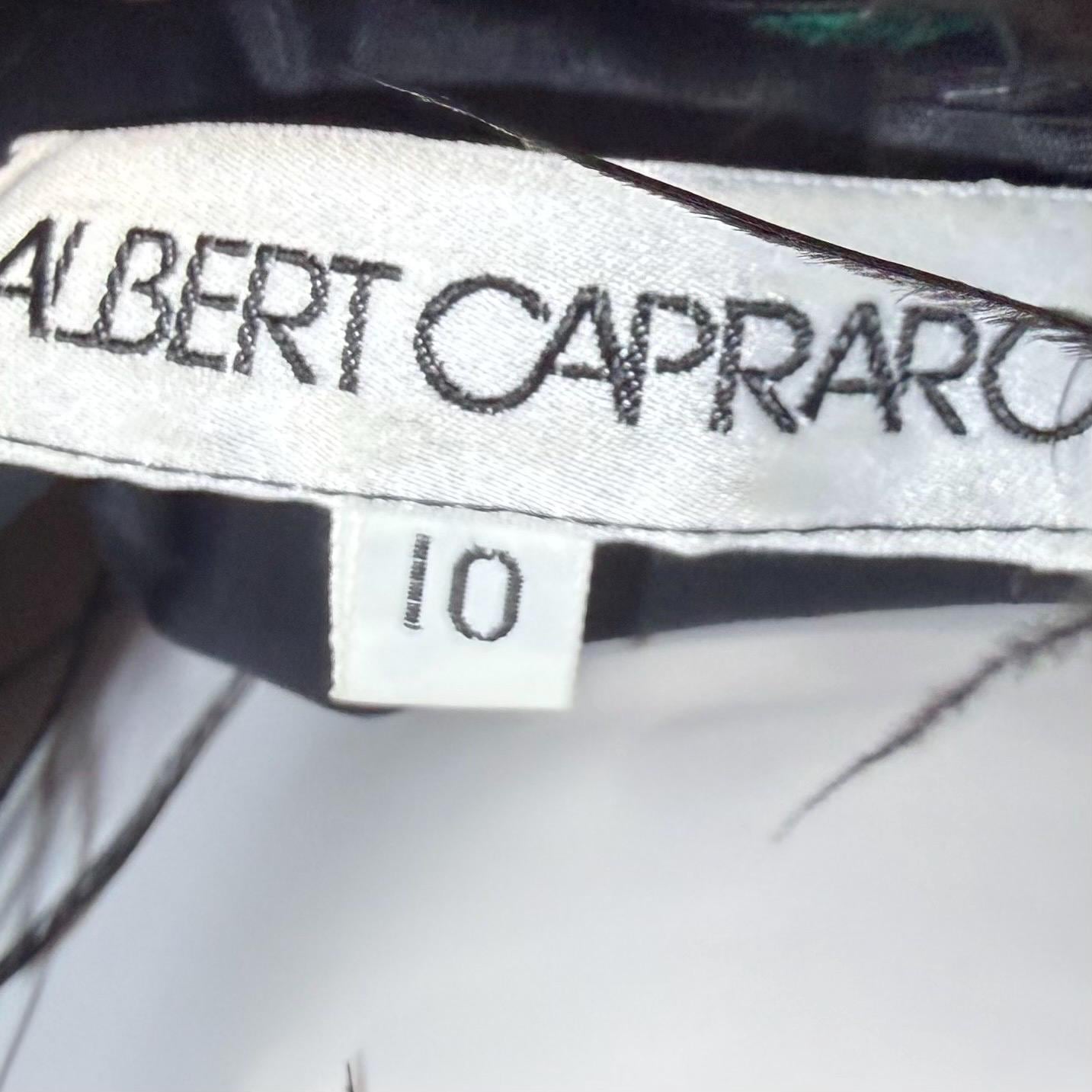 ALBERT CAPRARO vintage evening dress, 1970s Velvet and striped taffeta feathers off shoulder gown