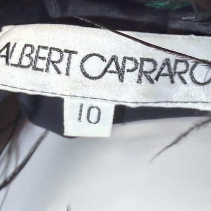 ALBERT CAPRARO vintage evening dress, 1970s Velvet and striped taffeta feathers off shoulder gown