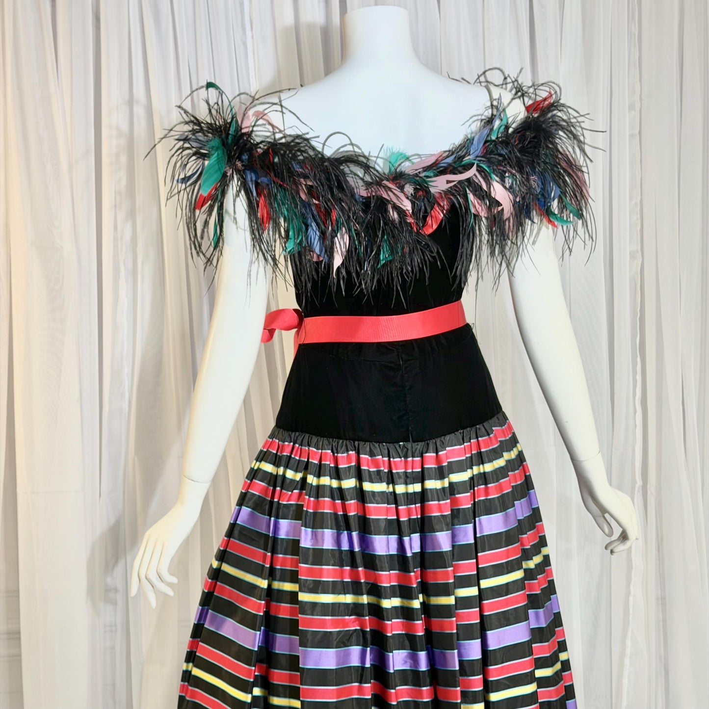 ALBERT CAPRARO vintage evening dress, 1970s Velvet and striped taffeta feathers off shoulder gown