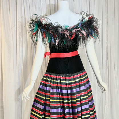 ALBERT CAPRARO vintage evening dress, 1970s Velvet and striped taffeta feathers off shoulder gown