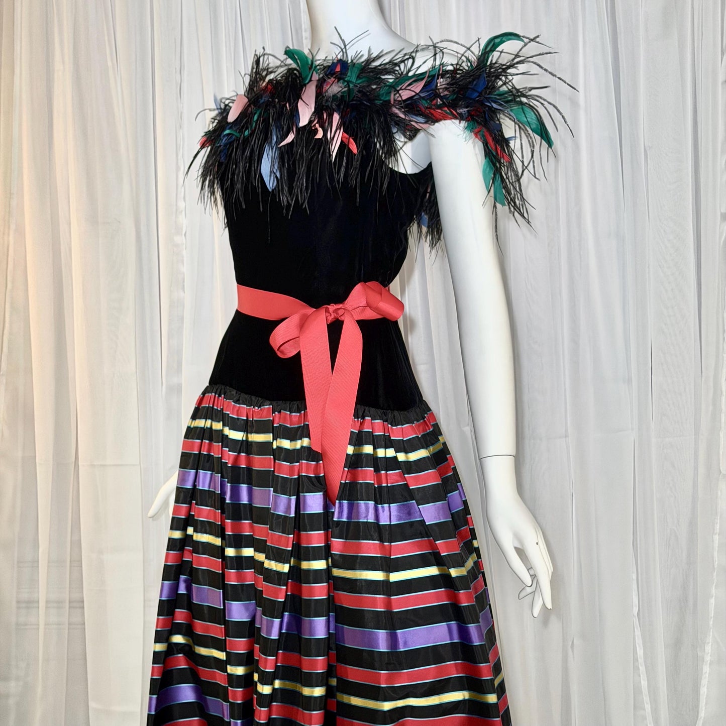 ALBERT CAPRARO vintage evening dress, 1970s Velvet and striped taffeta feathers off shoulder gown