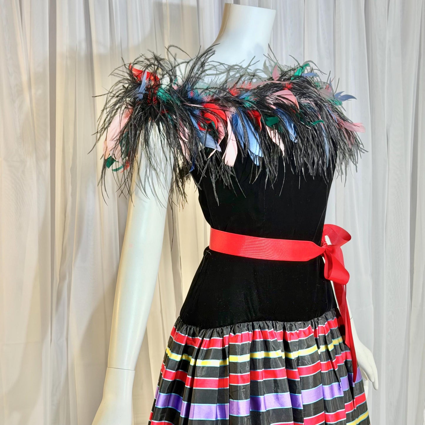 ALBERT CAPRARO vintage evening dress, 1970s Velvet and striped taffeta feathers off shoulder gown