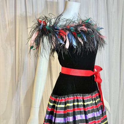 ALBERT CAPRARO vintage evening dress, 1970s Velvet and striped taffeta feathers off shoulder gown