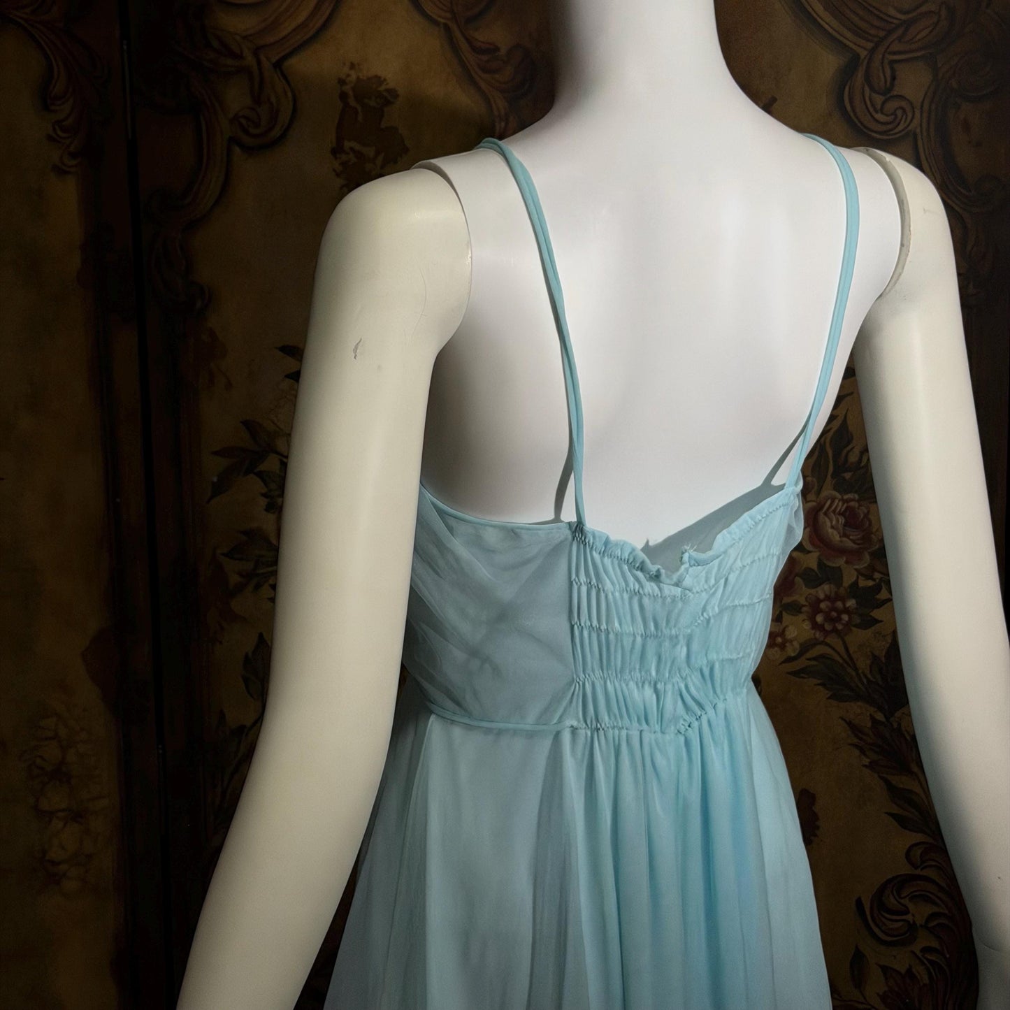 VIRGINIA WALLACE vintage nightgown robe set, 1960s Powder blue double layer chiffon, lingerie slip dress peignoir set